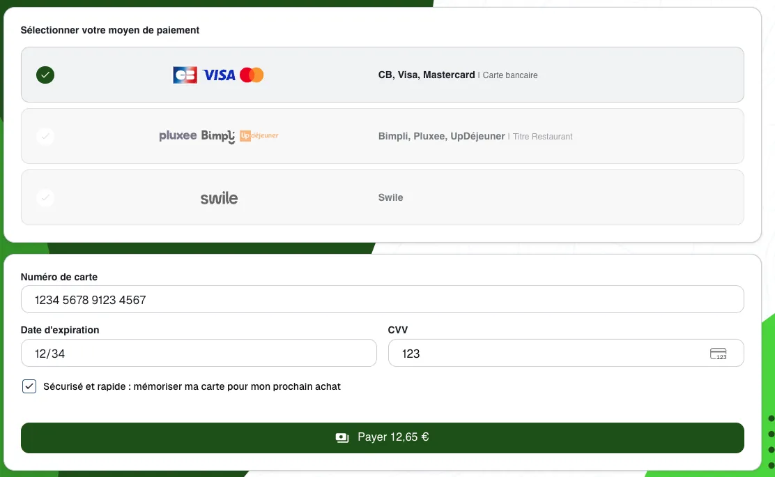 Choix du moyen de paiement : CB, Visa, Mastercard sélectionné, puis formulaire de carte