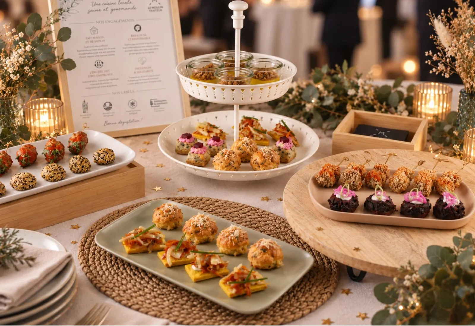 Buffet de Noël du Moulin Traiteur : bouchées faites maison, verrines sur présentoir et panneau de nos engagements