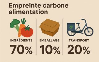 Infographie illustrant la répartition de l’empreinte carbone de l’alimentation : 70 % liée aux ingrédients, 20 % au transport et 10 % à l’emballage, avec des icônes de légumes, boîte en kraft et vélo de livraison.